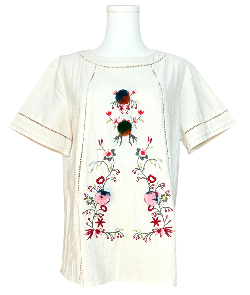 Petallush Women's Cotton Embroidered Pom Pom Boho Tunic Top XL